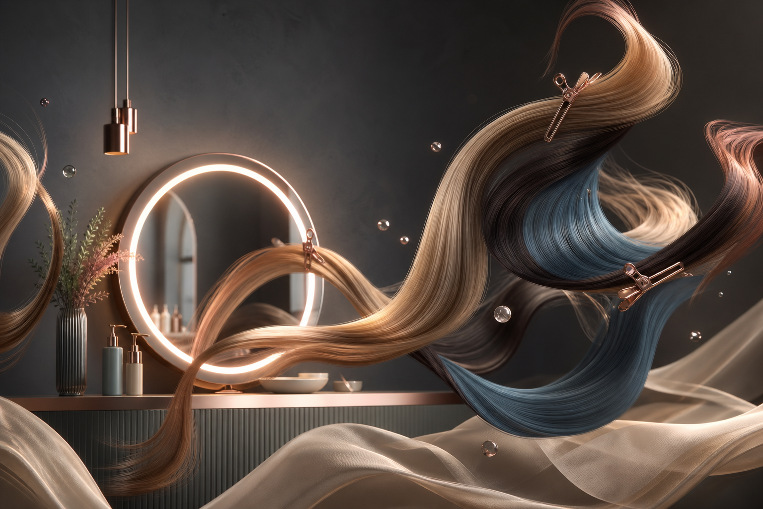 3D rendered flowing hair ribbons